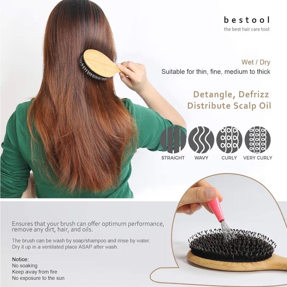 Bamboo Paddle Hair Brush with Black Bristles - Pink Cleaner - Picture 4 of 6